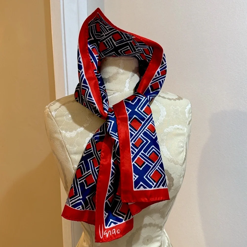 Vera Rectangular Geo Abstract Red White Blue Vintage Scarf Japan 44”x15 1/2”